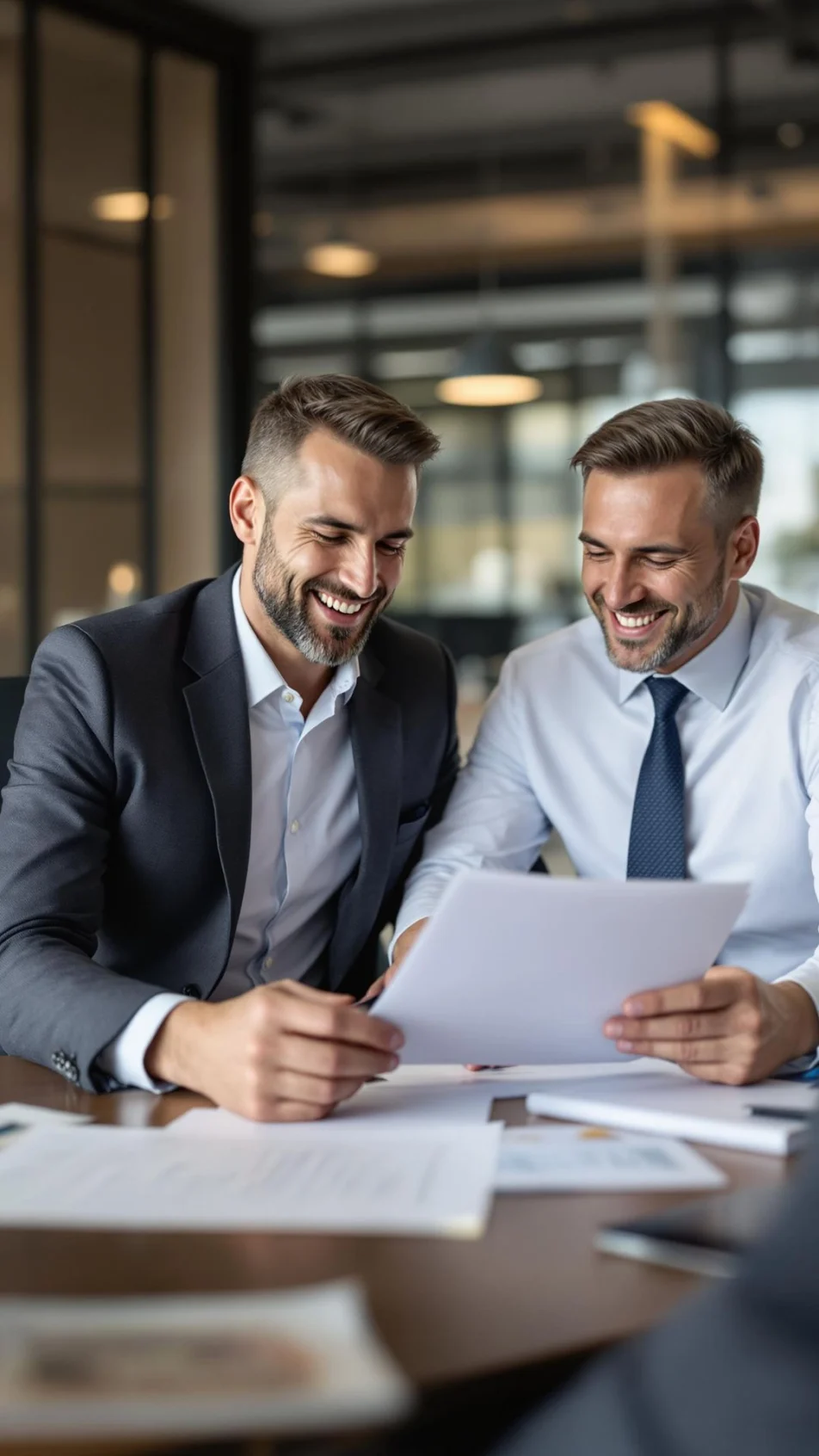 Two professional men in an office discussing payroll brokerage documents. Ideal solutions for contractors and agencies looking for umbrella company services.