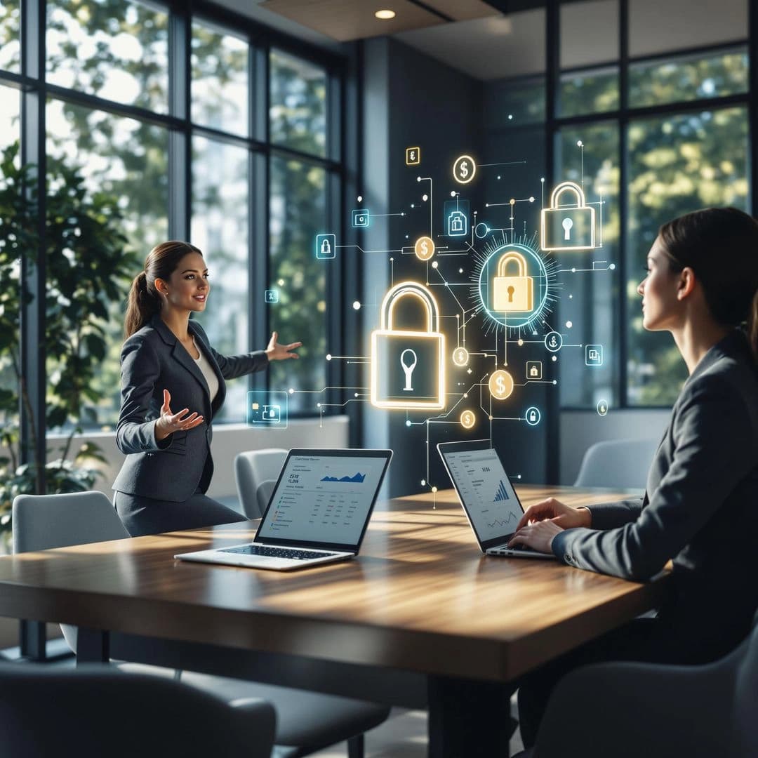 Two women in an office using laptops, with AI-powered security and financial technology symbols floating around, representing safe and efficient payroll brokerage solutions.