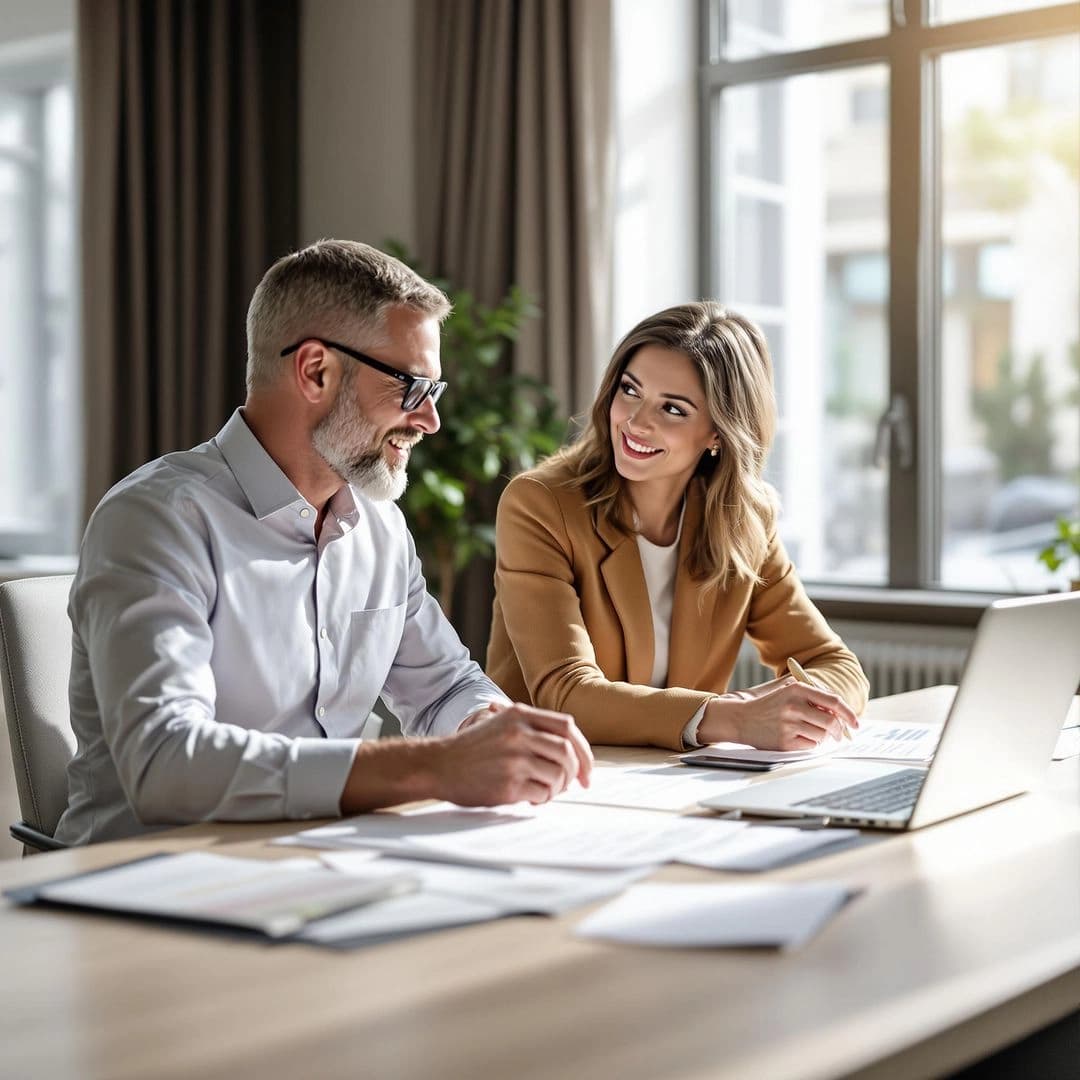 Contractor and adviser reviewing umbrella company paperwork together