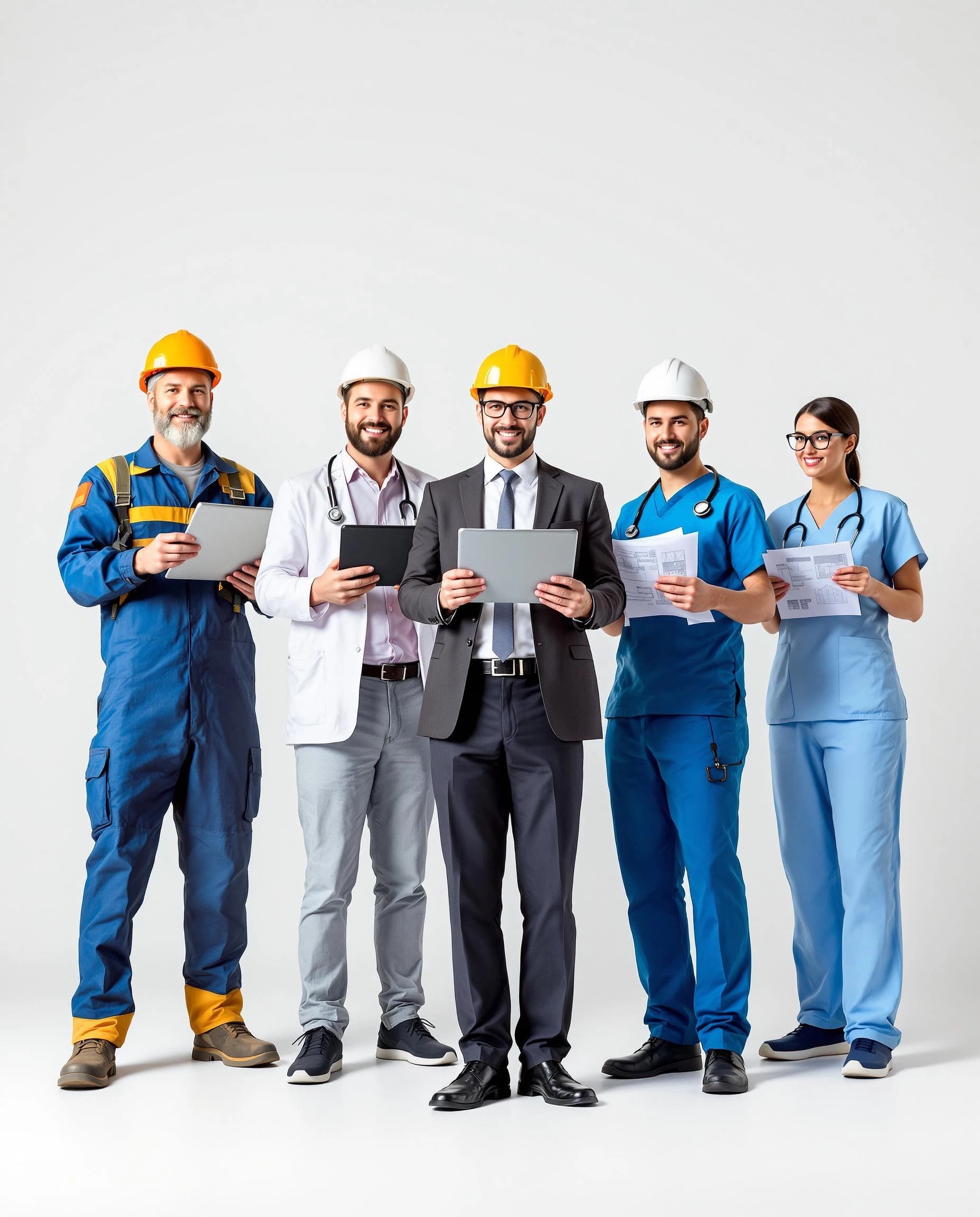 Contractors from construction, office and healthcare roles standing together